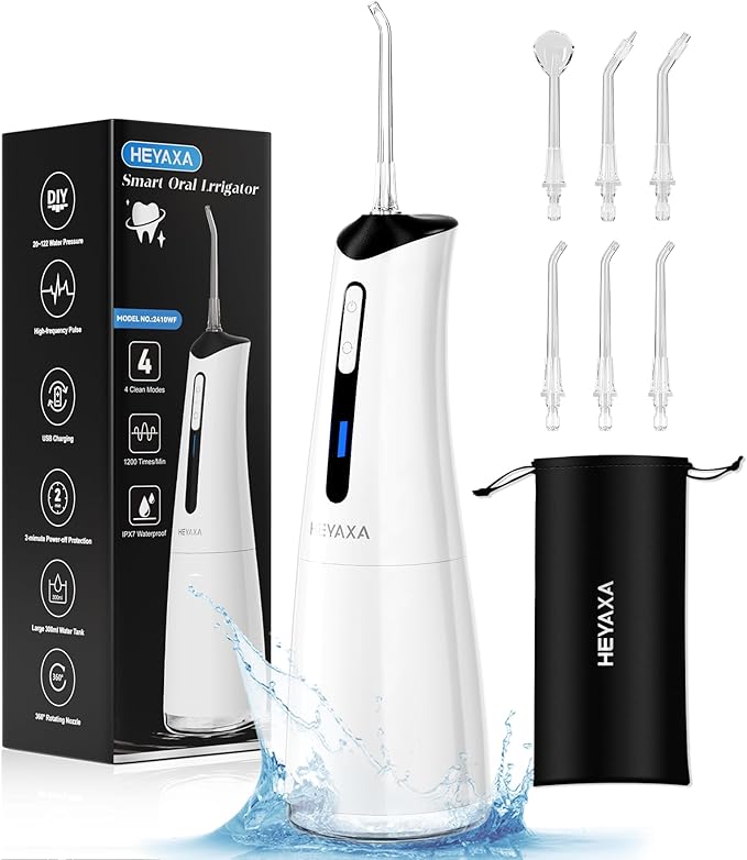 Water Dental Flosser Pick for Teeth Portable Cordless Oral Irrigator with 4 Pressure Modes 300ML Water Tank IPX7 Waterproof 6 Jet Tips Storage Bag for Gums Braces