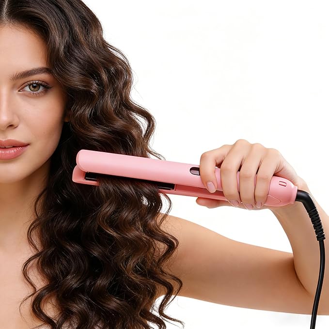 Professional Hair Straightener Black Titanium Flat Iron with LCD Display MCH Hot Plate 360-Degree Rotating Cord 2-in-1 Straightening and Curling (Light Pink)