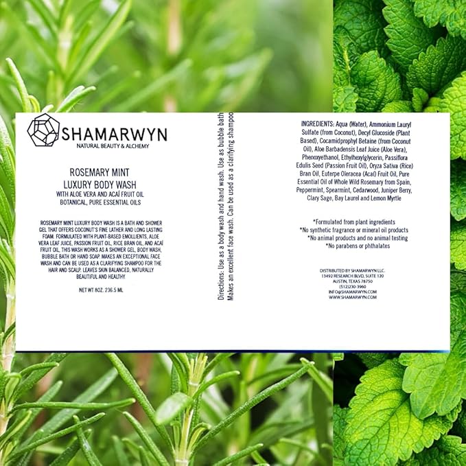 shamarwyn Body Wash Rosemary Mint Natural-Organic Hydrating with Aloe Vera &amp Acaí Oil 8oz