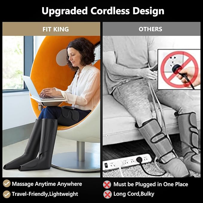 FIT KING Cordless Compression Boots Full Leg Compression Massager Rechargeable Portable Foot and Calf Massager for Circulation Pain Relief &amp Fast Recovery No External Long Hoses | Xmas Gift