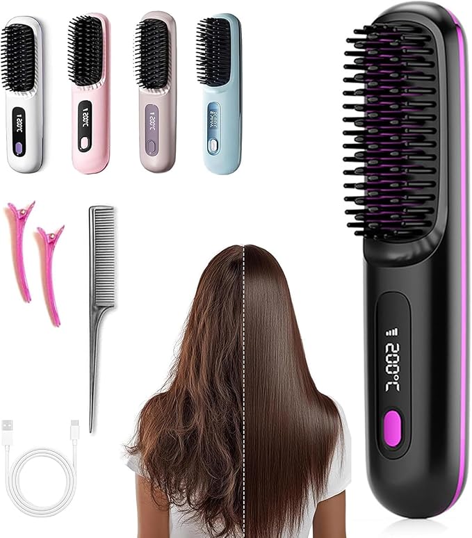 Go Brush Pro 2025 NewCordless Hair Straightener BrushPortable Straightener Comb Straightening Comb Rechargeable Go Travel Hot Combs Mini with Temperature Display for Women(Black)