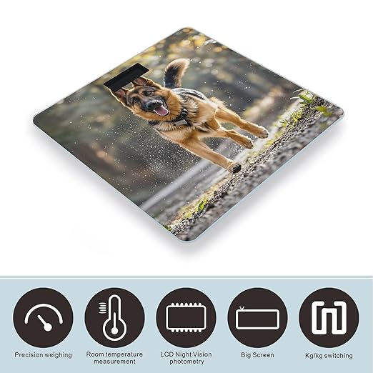 Running German Shepherd Dog Bathroom Scale for Body Weight Bathroom Weighing Scales with Back Lit LED Display Sturdy Tempered Glass Body Weight Bathroom Scale 400lb Weighing