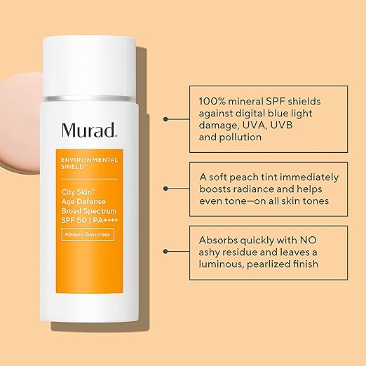 Murad Environmental Shield City Skin Age Defense Broad Spectrum SPF 50 PA++++ – 100% Mineral Sunscreen with Lutein &amp Iron Oxides for Blue Light Defense UVA/UVB &amp Pollution Protection