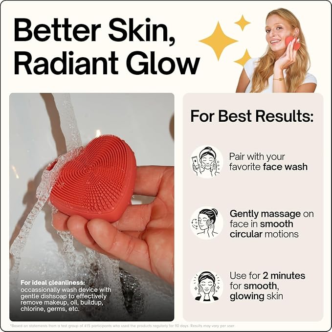 Heart Face Clean Pro⁺ - Electric Silicone Facial Scrubber for Acne with 7000+ Sonic Pulses - IPX7 Waterproof Rechargeable Exfoliator with Slip-Free Grip 3 Speed Settings &amp Phthalate-Free - Cherry