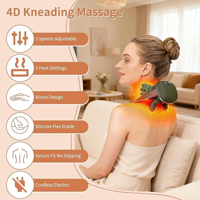 Neck Massager with HeatCordless Electric Shiatsu Neck and Back Massager 3 Speeds 2 Heat SettingsPortable Heated Neck Massager4D Kneading Neck and for Muscle Relax (Green)