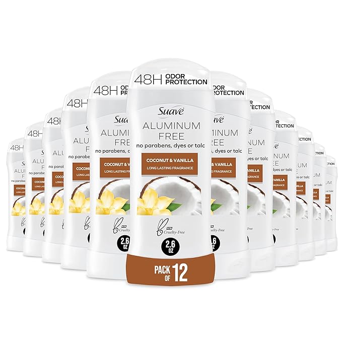 Suave Aluminum Free Deodorant for Women Coconut &amp Vanilla 48-Hour Odor Protection Free of Talc Parabens &amp Dyes 2.6 oz (Pack of 12)