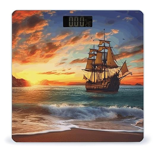 Pirate Ship in The SunsetScale for Body Weight with LCD High Precision Weighing Scales Fashion Sturdy Tempered Glass Weight Scales Easy-to-Read Digital Bathroom Scale for Daily 400lb