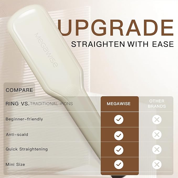 MEGAWISE Pro Ceramic Ionic Hair Straightener Brush Universal Dual Voltage Rotatable Power Cord MCH Fast 20s Heating Tech Anti-Scald Auto-Off Safety Home Salon (Pearl White)