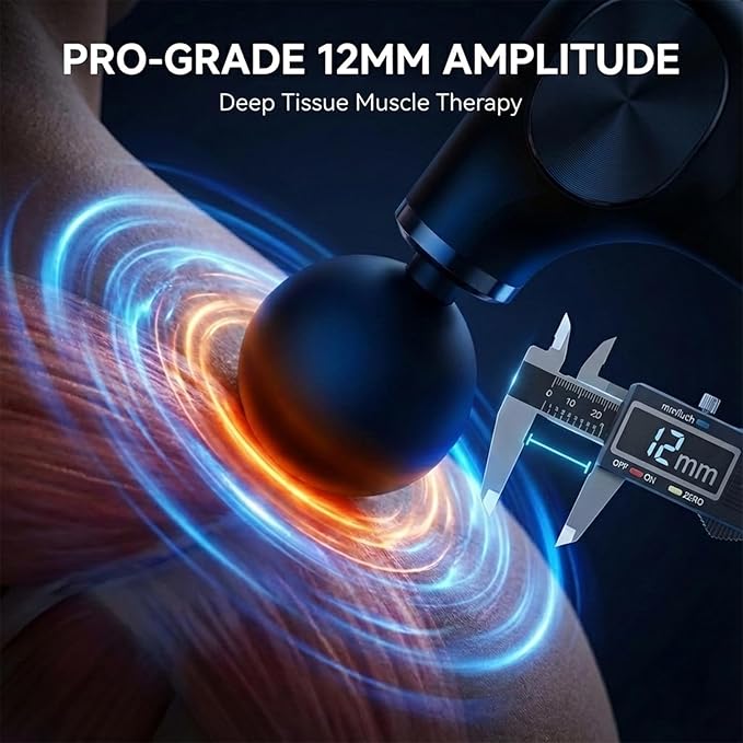 Deep Tissue Percussion Massage Gun with 12mm Penetration and 5-Speed Levels - 4 Heads and Extension Handle for Back Muscle &amp Neck/Shoulder Pain Relief - Lightweight Portable for Home Gym