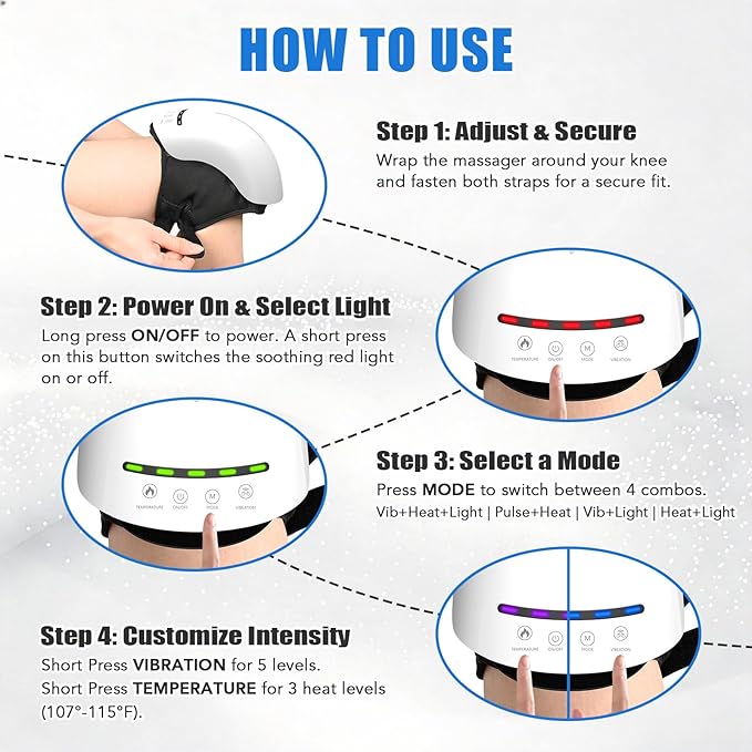 Knee Massager for Pain Relief with Heat and Red Light 5 Vibration Modes &amp 3 Heating Levels 4 Smart Modes 6 Silicone Kneading Nodes Ideal Gift for Men Women &amp Parents White
