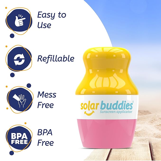 Solar Buddies Sunscreen Applicator - Pink Pack of 3 - BPA-Free Refillable Roll on Sponge Sunscreen Suncream &amp Lotion Applicator For Kids Adults &amp Families - Holds 3.4fl oz Perfect Size for