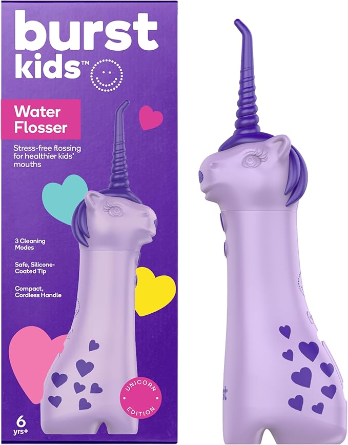 BURST Kids Water Flosser (Unicorn) | Cordless &amp Rechargeable Water Flosser for Teeth | 3 Gentle Pressure Modes | Silicone Safety Tip | Braces-Friendly | Fun Kid-Safe Design | 155mL Water Tank