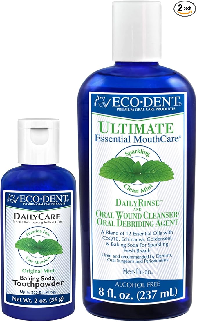 Eco-Dent Oral Care Bundle - DailyCare Baking Soda Toothpowder + DailyRinse Oral Wound Cleaner Debriding Agent Effervescent Tooth Powder &amp Mouthwash with Essential Oils Mint Flavor (2 Piece Set)