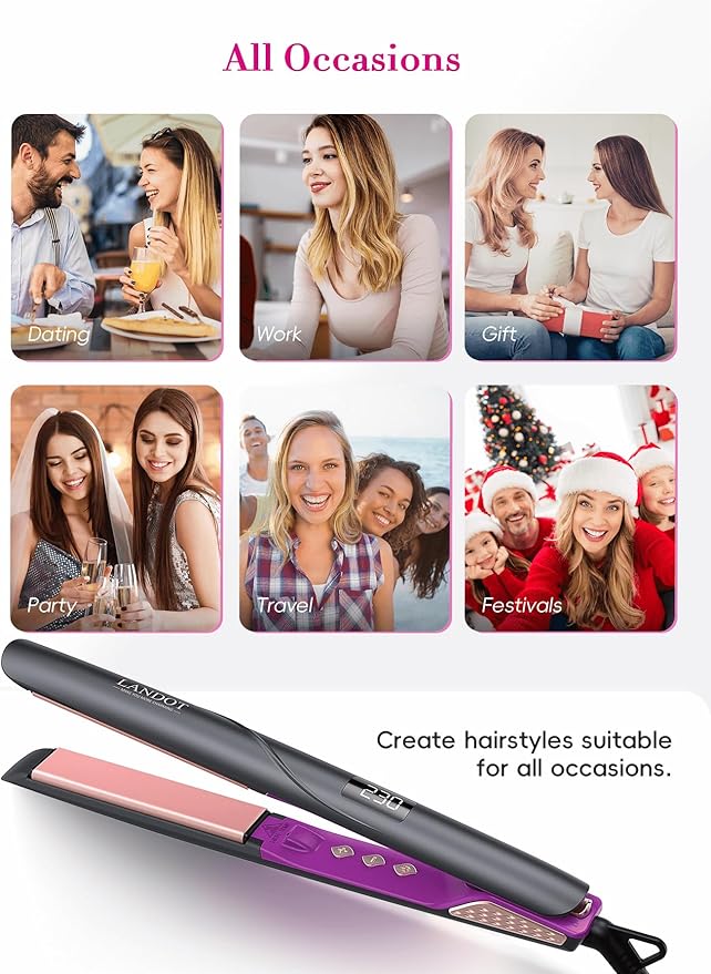 LANDOT Flat Iron Hair Straightener: Ceramic Ionic Straightener for Frizz-Free Shine - Adjustable Temp 250-450F &amp Auto Shut Off + Travel Pouch
