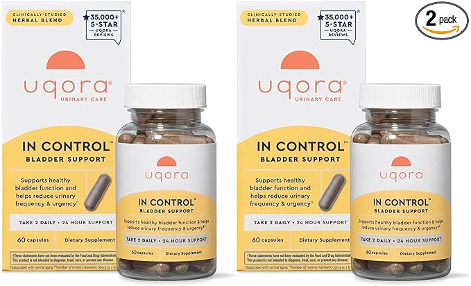 Uqora in Control Bladder Support - Daily Bladder Care &amp Support for Urinary Comfort - Made with botanicals Like Horsetail &amp Spicebush - Gluten-Free &amp Vegetarian - 120 Capsules (2 Pack)