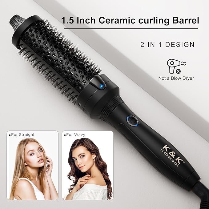 K&ampK Thermal Brush Blowout Boost Ionic Round Heated Hot Brush to Make Hair Smoother &amp Shinier Easy to Use Not for Blow Drying 38mm BarrelDual Voltage US Plug Jet Black