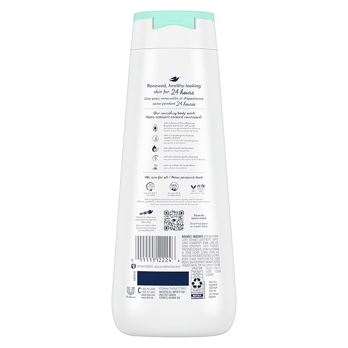 Dove Body Wash Sensitive Skin 4 Count Hypoallergenic Paraben-Free Sulfate-Free Cruelty-Free Moisturizing Skin Cleanser Effectively Washes Away Bacteria While Nourishing Skin 20 oz