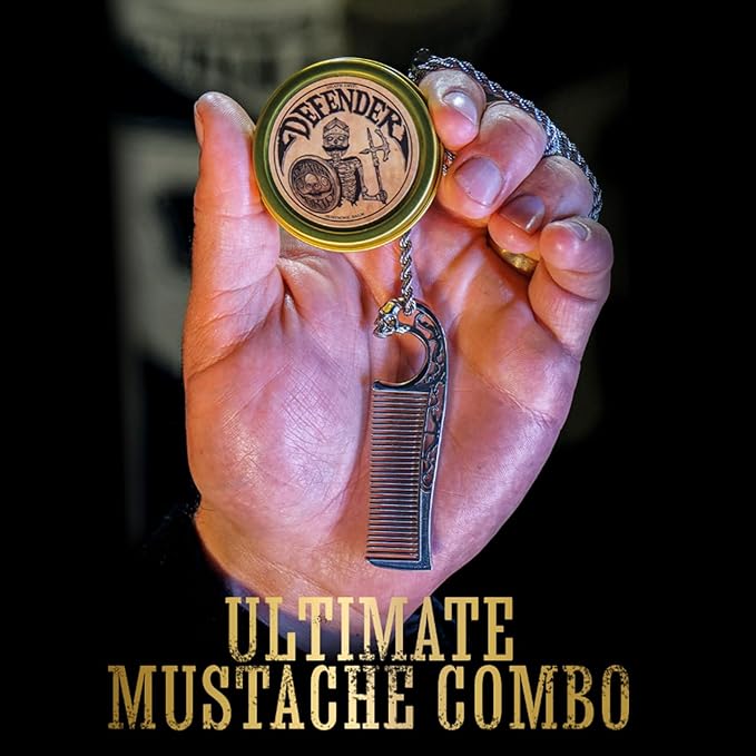Defender Mustache Balm 1 oz Tin &amp Necklace Death Grip Mustache Comb Mens Combo Kit - Grooming For Men Handlebar Moustache