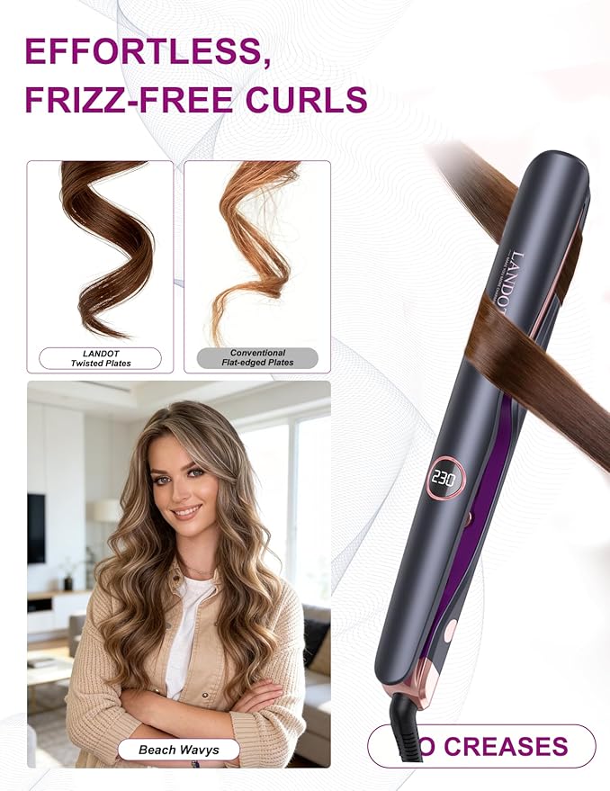 LANDOT 2-in-1 Hair Straightener Curling Iron - Twist Floating Plates for Curl &amp Straight Anti-Frizz &amp Tangle-Free Dual Voltage Adjustable Temp 250-450°F for All Hair Types