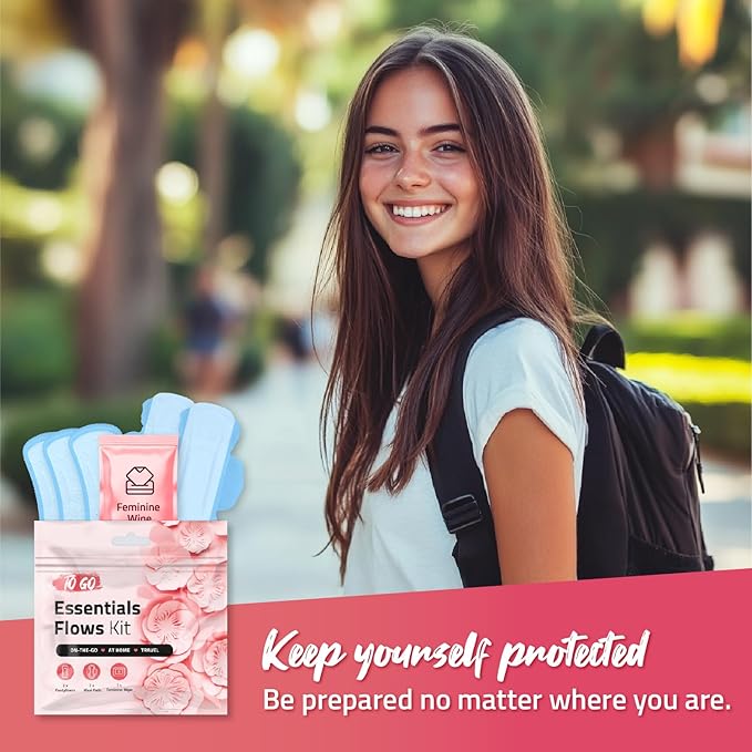 pH Advantage Essential Flows Period Kit (10 Pack) - 3 Pantyliners 2 Maxi Pads &amp Feminine Wipe | Hygiene Essentials for School First Period (Red)