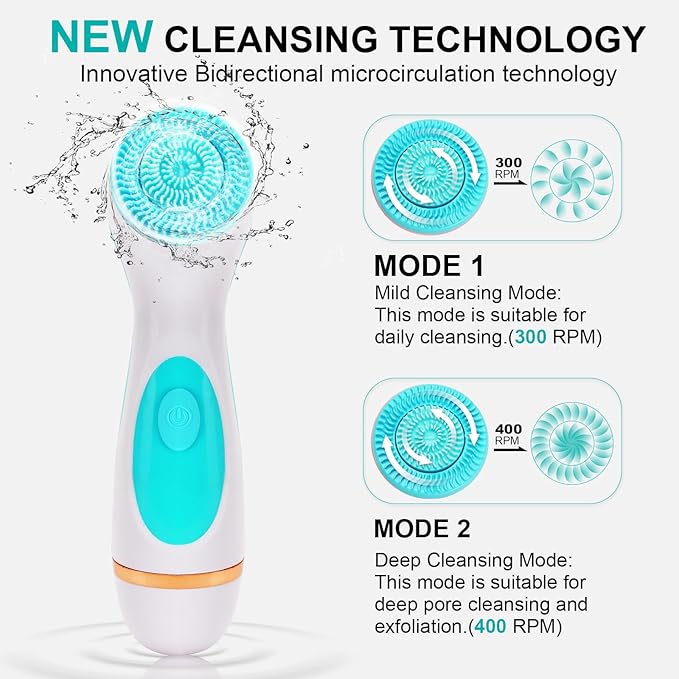 Facial Cleansing Brush 3 in 1 Electric Face Scrubber with 3 Brush Heads for Women/Men Waterproof Rechargeable Face Cleansing Brush for Dry Oily Sensitive Skin (Blue)