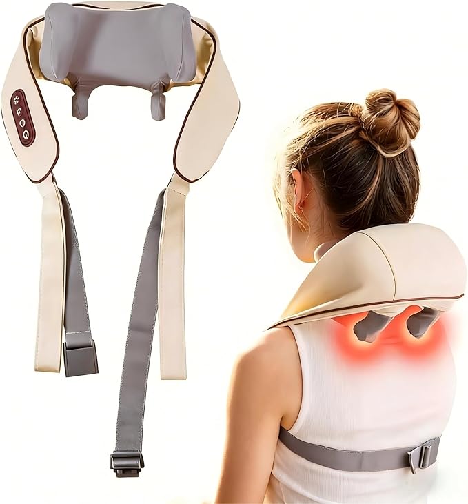 Shoulder Massager Portable Rechargeable 6D Shiatsu Neck and Shoulder Massager with Heat Deep Tissue Back Massager for Pain Relief &amp Relaxation (Cream White)