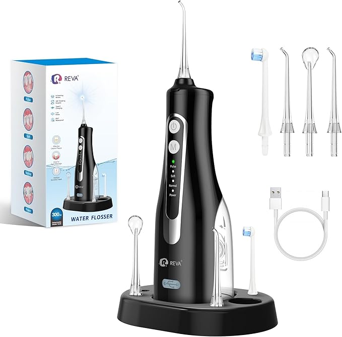 Cordless Oral Irrigator Water Flosser for Teeth Gums &amp Braces - 4 Modes 300ML Tank 360° Rotatable Nozzle IPX7 Waterproof USB Rechargeable 2000mAh Battery for Home &amp Travel (M149 Pro - Bla