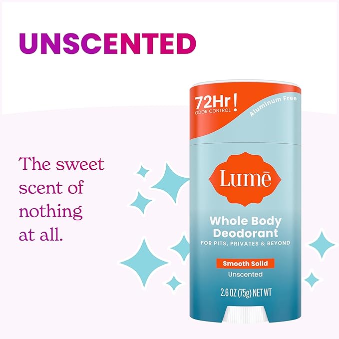 Lume Whole Body Deodorant - Smooth Solid Stick - 72 Hour Odor Control - Aluminum Free Baking Soda Free and Skin Safe - 2.6 Ounce (Pack of 3) (Clean Tangerine Lavender Sage Unscented)