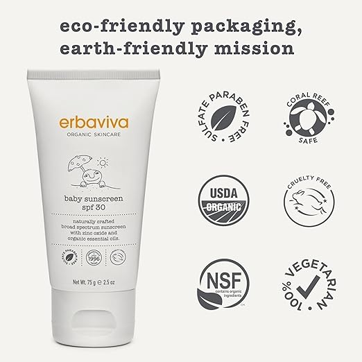 Erbaviva Organic Baby Sunscreen 2.5 Ounce - Coral Reef Safe Natural UVA &amp UVB Protection Water Resistant Infused with Essential Oils