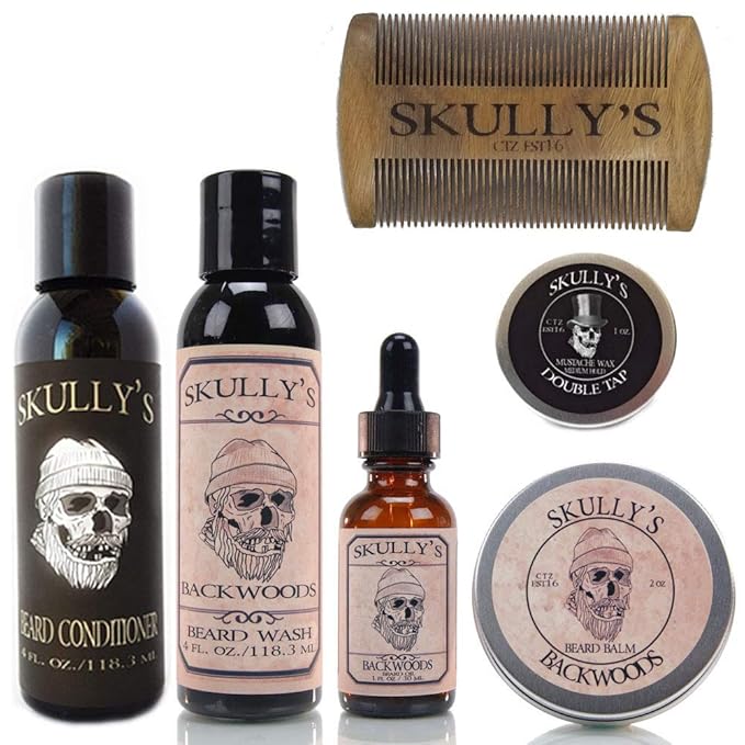 Skully's Ultimate Backwoods Beard Care Kit (Woodsy Eucalyptus Cedar wood Fir needle and Dark patchouli Scent) - Beard Oil Beard Balm Beard Comb Beard Conditioner Mustache Wax for Men