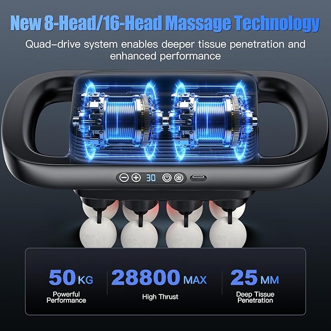 Upgraded 16 Head Massage Gun Set Deep Tissue Percussion Massager 16-Drive Back Muscle Massager with 3 Modes &amp 30 Intensities for Thighs Arms Waist Back