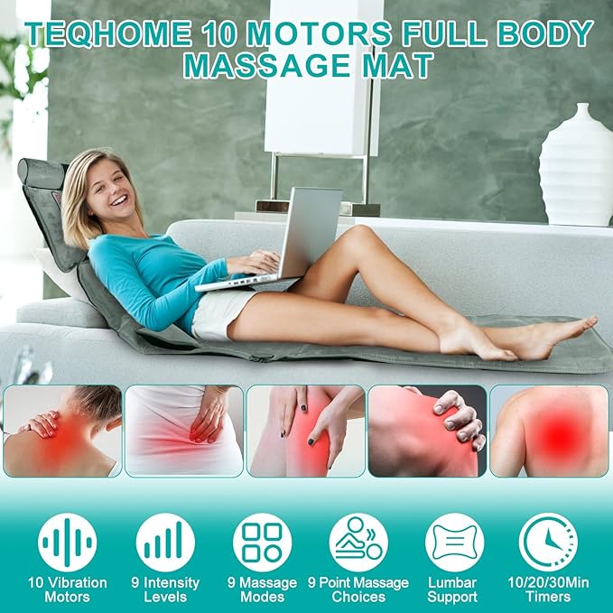 Full Body Massage Mat with Heat &amp Movable Shiatsu Neck Back Massager Pillow &amp Foot Massager Massage Mattress Pad with Top Pillow Lumbar Support 10 Vibration Motors 3 Heating Pads &amp 9 M