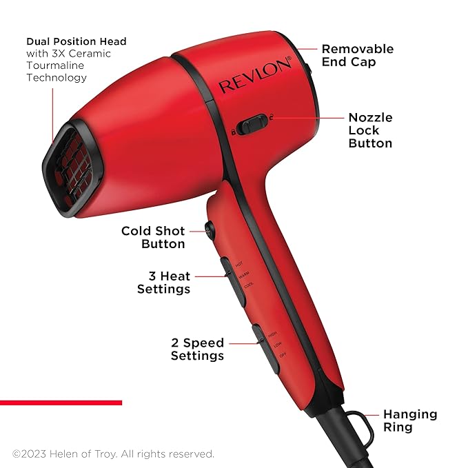 REVLON Airflow Control Hair Dryer with Diffuser - 1875W Blow Dryer Head Rotates 90° for Total Control Wider Head for Less Drying Time Reduces Frizz (Red) (Pack of 2)