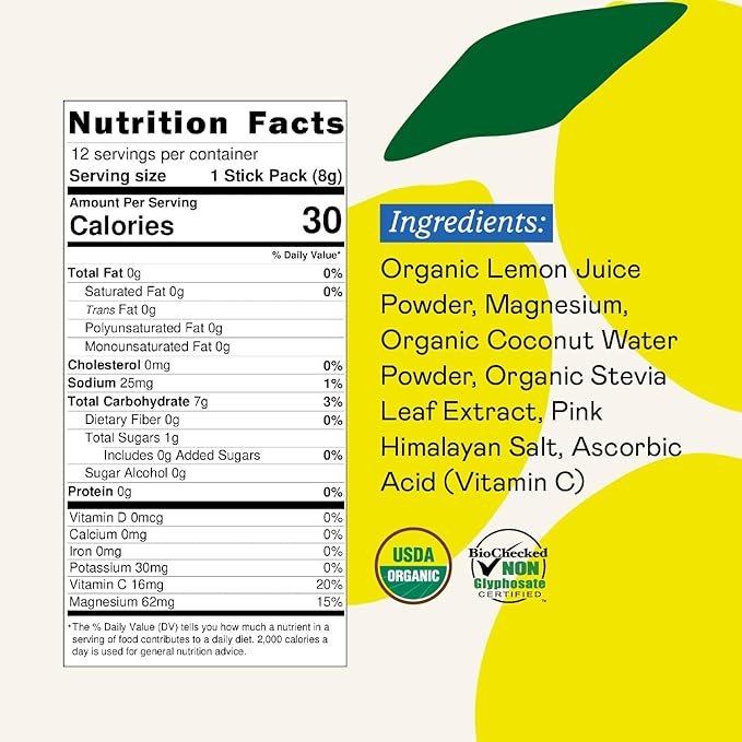 GOODONYA Organic Hydration Electrolyte Drink Mix Certified Organic Hydration Powder Non-GMO Biochecked Glyphosate Free Low Sugar Lemonade Flavor No Artificial Flavors12 Stick Packs