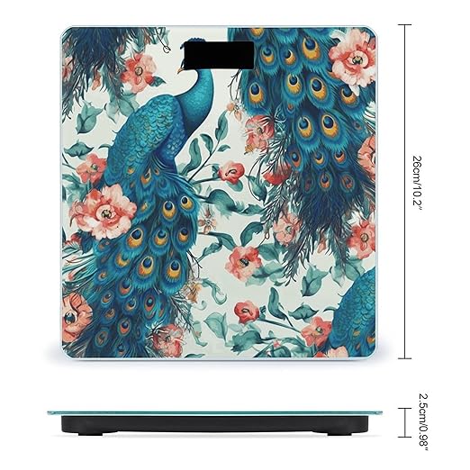 Beautiful Peacock Flowers Digital Bathroom Scale for Body Weight with High Precision Digital Weighing Scale with BMI Clear LCD Display and Step-On Measures Weight Up to 180kg