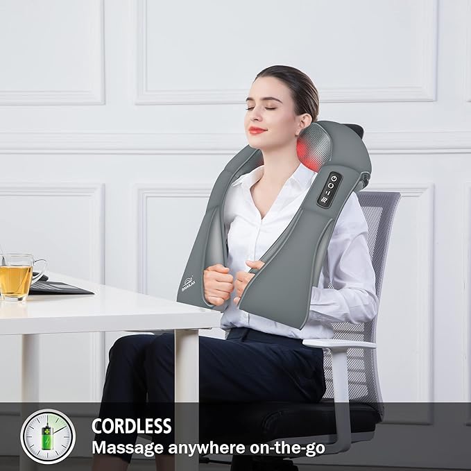 Snailax Cordless Neck Massager Shiatsu Back Shoulder Massager with Heat Portable Rechargeable Massagers for Neck and Back Pain Relief Electric Massager Pillow Gift for WomenMen(Grey)