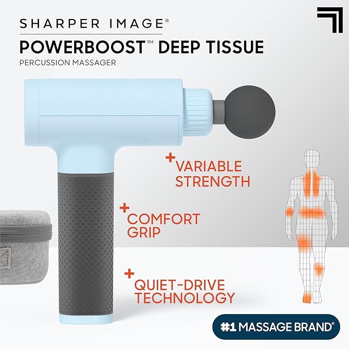 Sharper Image Deep Tissue Percussion Massage Gun Powerboost Rechargeable Handheld Massager 6 Adjustable Speeds 5 Attachment Heads &amp Carrying Case Full Body Muscle Pain Relief Light Blue