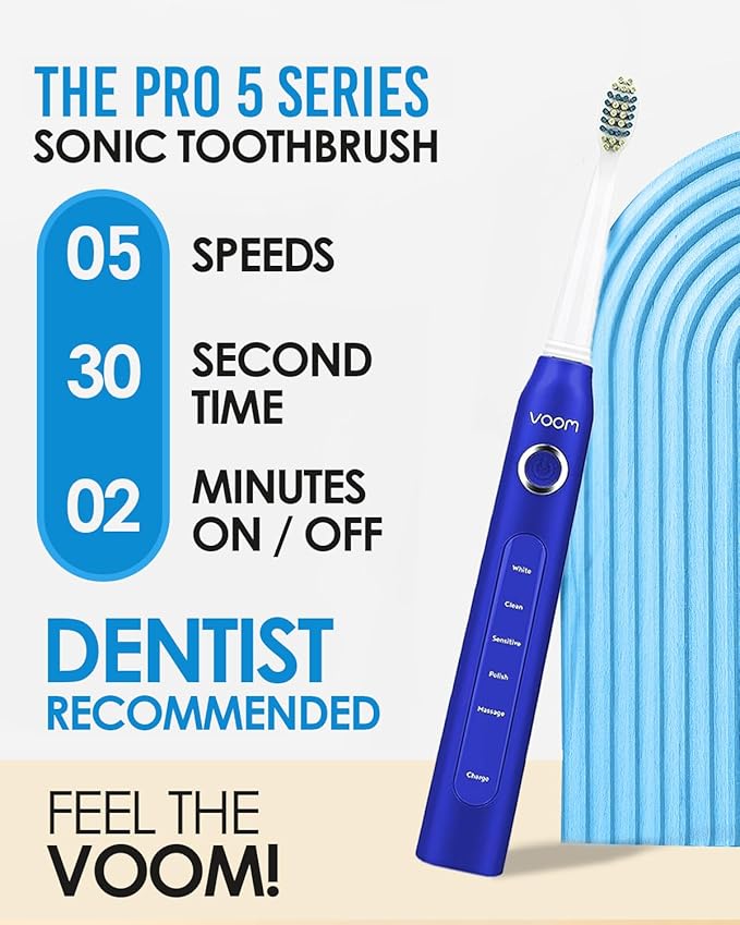 Voom Sonic Pro 5 Series Rechargeable Electronic Toothbrush Dentist Recommended Advanced Oral Care 2 Minute Timer with Quadrant Pacing 5 Adjustable Speeds Soft Dupont Nylon Bristles Blue