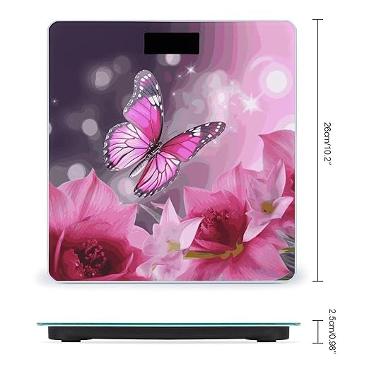 Pink Flower and Butterfly Bathroom Scale Automatic Power On/Off Body Scales LCD Backlight Display Square Digital Scale Rounded Corners Bathroom Scales for Home Bedrooms