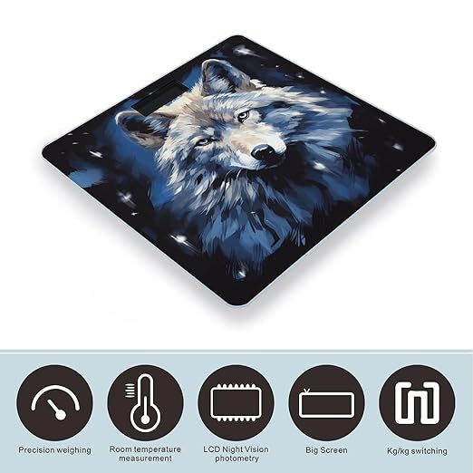 Wolf Head on Blue Background Bathroom Scale Rounded Smart Scale for Body Weight Automatic Power On/Off Weight Scales Accurate Bathroom Digital Scales for Pet Home Bedroom Kitchen