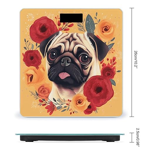 Pug Flower Digital Bathroom Scale for Body Weight Weighing Scale with Backlit LCD Display High Precision Measurements &amp Measures Weight Up to 180kg
