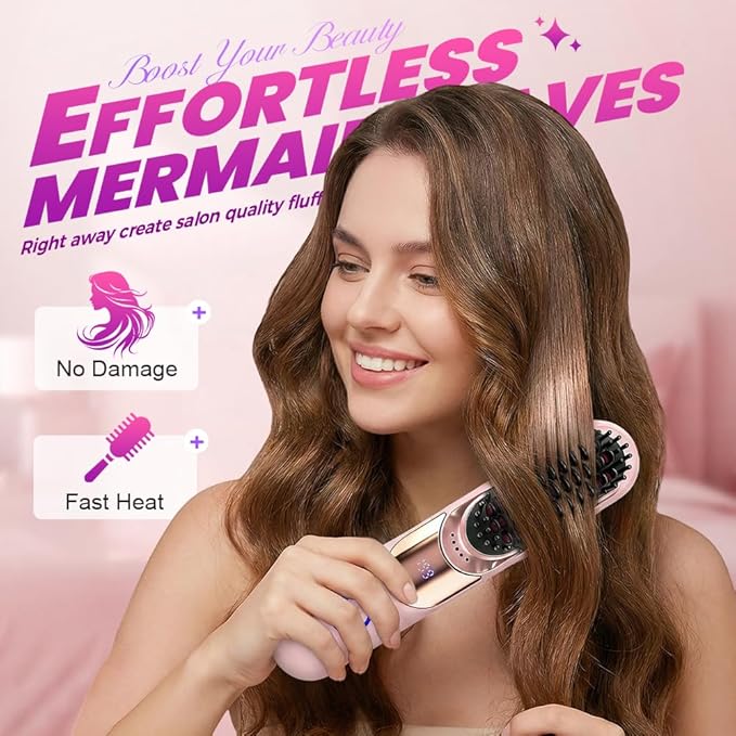 Wireless Ceramic Heating Hair Straightening Comb Portable Hair Straightening Brush Rechargeable Straightener Comb Fast Heating Straightener Brush for Travel Home (B_Pink)