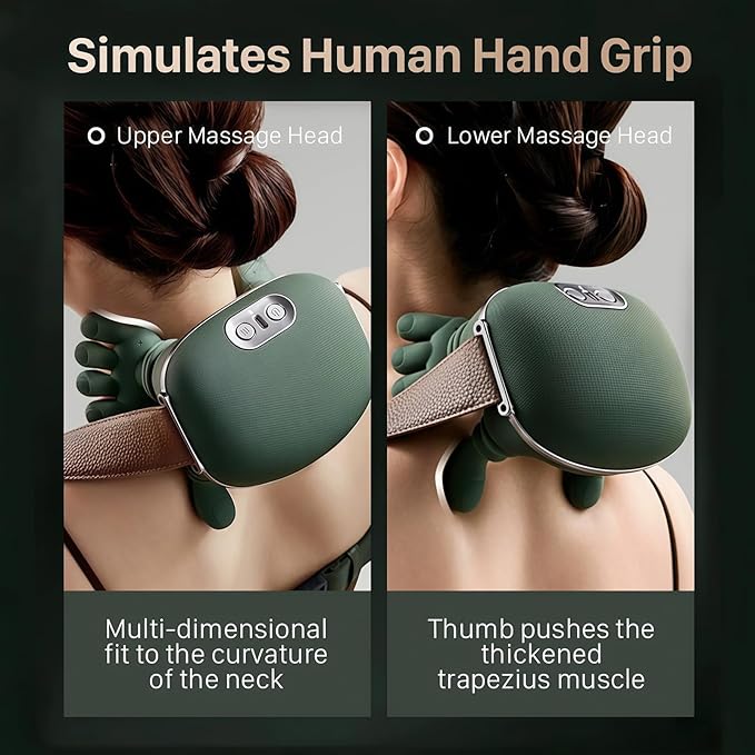 4D Kneading Heated Neck Massager Shiatsu Deep Tissue Massage Pillow for Shoulder and Back Portable Cordless Electric Massager with Human Hand Simulation for Muscle Relax