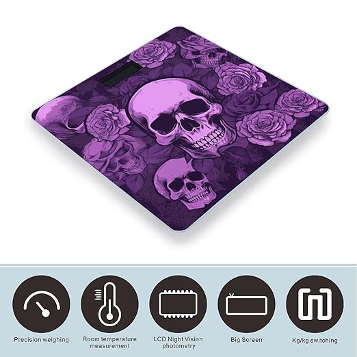 Purple Skulls and Roses Scale for Body Weight High Precision Digital Weight Scales with LCD Display Anti-Slip Sturdy Slim Tempered Glass Bathroom Scale for Home Use