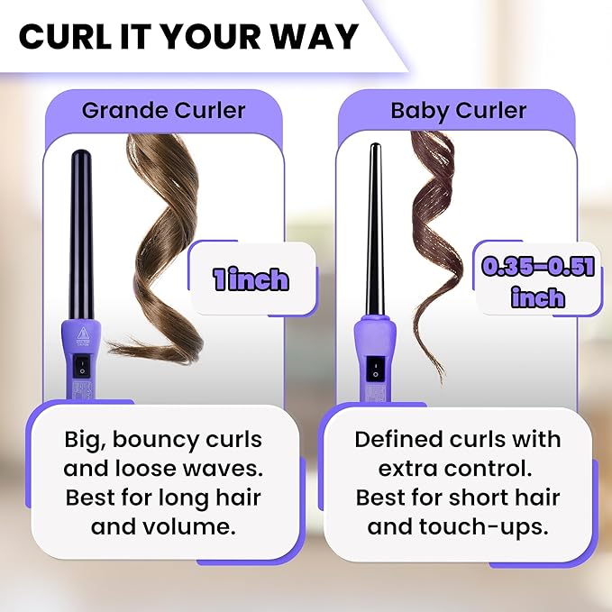 Herstyler Grande Ceramic Tapered Curling Wand - 1 inch Dual Voltage with Negative Ions for Long and Short Hair (Purple)