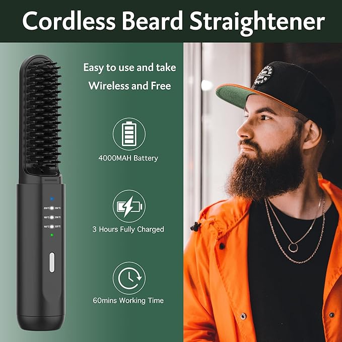 Beard Straightener for Men Portable Cordless Heated Hair &amp Beard Straightening Brush with Anti-Scald &amp Ionic Technology 3 Temperature Setting Comb for Home Travel