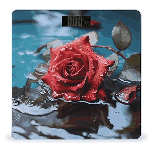 Red Rose in Water Scale for Body Weight Anti-Slip Digital Bathroom Scale Sturdy Toughened Glass Weighing Scales High Precision Safe Rounded Corners Smart Scales