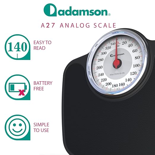 Adamson A27 Oversize Scales for Body Weight - Up to 350 lb - New - Anti-Skid Rubber Surface Extra Large Numbers - High Precision Bathroom Scale Analog - Durable with 20-Year Assurance