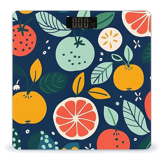 Hand Drawn Fruits Digital Bathroom Scale for Body Weight with High Precision Digital Weighing Scale with BMI Clear LCD Display and Step-On Measures Weight Up to 180kg