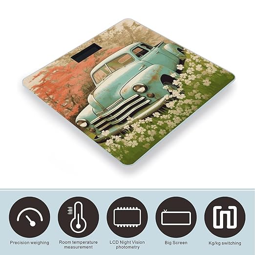 Spring Retro Car Digital Bathroom Scale for Body Weight with High Precision Digital Weighing Scale with BMI Clear LCD Display and Step-On Measures Weight Up to 180kg